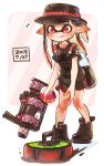  .52_gal_(splatoon) 1girl bangs black_footwear black_hair black_headwear black_shirt black_shorts blunt_bangs closed_mouth commentary curling_bomb_(splatoon) dated diagonal-striped_background diagonal_stripes domino_mask eighth_note gradient_hair gym_shorts harutarou_(orion_3boshi) hat hat_ribbon highres holding holding_weapon ink_tank_(splatoon) inkling leaning_forward mask multicolored_hair musical_note outside_border paint_splatter pink_background pointy_ears print_shirt red_hair ribbon shirt shorts smile snake solo sparkle splatoon_(series) splatoon_2 spoken_musical_note standing striped striped_background t-shirt tentacle_hair weapon 