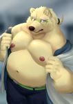  2019 anthro belly blue_eyes bottomwear clothing eyewear fenrirwolfen glasses hi_res humanoid_hands leib_(tas) male mammal moobs navel nipples overweight overweight_male pants polar_bear solo tokyo_afterschool_summoners undressing ursid ursine video_games 