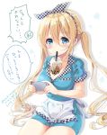  1girl absurdres adapted_costume apron bangs blend_s blonde_hair blue_eyes blue_shirt blue_skirt blush breasts bubble_tea cellphone checkered_hairband checkered_ribbon cleavage collarbone collared_shirt commentary_request dated dress_shirt drinking_straw eyebrows_visible_through_hair fingernails hair_between_eyes hair_ribbon hairband highres hinata_kaho holding holding_cellphone holding_phone large_breasts long_hair looking_at_viewer neki_(wakiko) phone ribbon shadow shirt short_sleeves sidelocks sitting skirt solo stile_uniform tawawa_challenge translation_request twintails twitter_username unmoving_pattern very_long_hair waist_apron white_apron white_background 