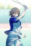  1boy blue_eyes brown_hair commentary_request easel_(dam0628) fuji_shuusuke highres holding holding_racket looking_at_viewer male_focus multicolored_shirt playing_sports racket shorts solo sportswear tennis_court tennis_no_ouji-sama tennis_racket tennis_uniform upper_body white_shorts 