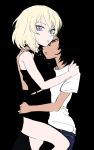  2girls andou_(girls_und_panzer) bangs black_background black_dress black_hair blonde_hair blue_eyes blue_pants brown_eyes casual closed_mouth commentary dark_skin denim dress flat_color formal girls_und_panzer halterneck highres hug jeans light_frown looking_at_another looking_at_viewer medium_hair messy_hair multiple_girls oshida_(girls_und_panzer) pants parted_lips shirt side_slit simple_background standing straddling t-shirt toku_(yhpv8752) white_shirt yuri 