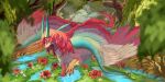 anzu_(fzzr) belly bird_legs blue_claws blue_eyes blue_horn cheek_tuft chest_crystal claws crystal dragon facial_horn facial_tuft feathered_dragon feathered_scalie feathers female feral flower forest fur furred_dragon furred_scalie gradient_wings hi_res horn mane multi_wing mythological_creature mythological_scalie mythology nose_horn outside pink_body pink_fur pink_mane pink_tuft plant raised_leg raised_tail raised_wings scales scalie slappyshottest smile solo spikes spikes_(anatomy) tail tail_tuft tree tuft water white_body white_fur wing_spikes wings