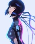  1girl bangs black_hair breasts brown_eyes check_artist cyborg from_side ghost_in_the_shell ilya_kuvshinov kusanagi_motoko lips looking_at_viewer medium_breasts official_art shiny smile solo third-party_source upper_body wire 
