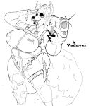 anthro big_breasts big_butt big_tail breasts butt canid canine clothing coffehybrid female gun hi_res humanoid looking_at_viewer mammal military_uniform monochrome piercing ranged_weapon solo tactical_gear tail thick_thighs uniform vadaver weapon