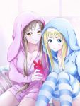  2girls absurdres alice_schuberg animal_ears animal_hood asuna_(sao) blonde_hair blue_eyes bottomless breasts brown_hair bunny_ears bunny_hood cardigan cellphone closed_mouth collarbone fake_animal_ears hairband highres holding holding_phone hood hooded_cardigan long_hair medium_breasts multiple_girls open_cardigan open_clothes partially_unzipped phone pink_cardigan shiki_kayanotani shirt sidelocks sitting smartphone striped striped_legwear sword_art_online thighhighs very_long_hair white_background white_hairband white_shirt yellow_eyes 
