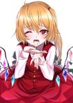  1girl bangs blonde_hair blush cowboy_shot crystal cum cum_in_mouth eyebrows_visible_through_hair facial fangs flandre_scarlet hair_between_eyes hands_up long_hair long_sleeves no_hat no_headwear one_eye_closed open_mouth paburisiyasu petticoat red_eyes red_skirt red_vest shirt side_ponytail simple_background skirt skirt_set solo touhou vest white_background white_shirt wings 