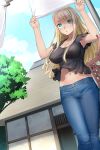  1girl aqua_eyes armpits bangs blonde_hair breasts cleavage covered_nipples day denim dutch_angle game_cg highres hokuou_kara_kita_gaikoku_hitozuma_wa_fuushuu_to_iware_murabito_zenin_ni_netorareru impossible_clothes impossible_shirt jeans large_breasts laundry long_hair midriff navel no_bra outdoors pants parted_bangs parted_lips sasayuki shirt sidelocks solo standing 