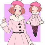  1girl :&gt; :d ^_^ ^v^ artist_name beret blush brown_eyes brown_hair closed_eyes commentary_request do_m_kaeru hat okumura_haru open_mouth pantyhose persona persona_5 persona_5_the_royal pink_coat pink_headwear print_legwear purple_legwear short_hair skirt smile solo 