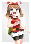  1girl :d absurdres bike_shorts black_shorts blue_eyes bow brown_hair collarbone cowboy_shot grey_background hair_bow hairband haruka_(pokemon) highres holding holding_poke_ball long_hair looking_at_viewer open_mouth poke_ball pokemon pokemon_(game) pokemon_oras red_hairband red_shirt shirt short_shorts shorts shorts_under_shorts sleeveless sleeveless_shirt smile solo standing striped striped_bow twintails two-tone_background white_background white_shorts yellow_belt yuihiko 