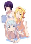  3girls ;d absurdres bandaged_fingers bandages bangs barefoot bikini blonde_hair blue_eyes blunt_bangs blush breasts brown_eyes closed_mouth eromanga_sensei gradient_hair halterneck highres izumi_sagiri kneeling kobayashi_keisuke lying medium_breasts multicolored_hair multiple_girls o-ring o-ring_bikini off_shoulder official_art on_stomach one_eye_closed open_mouth parted_bangs pink_hair ponytail purple_eyes purple_hair ringlets scan senju_muramasa short_hair side-tie_bikini side_ponytail sidelocks simple_background smile swimsuit two-tone_hair white_background white_bikini yamada_elf 