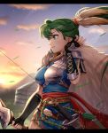  1girl aqua_eyes black_gloves blue_dress bow bow_(weapon) cloud dress earrings elbow_gloves fingerless_gloves fire_emblem fire_emblem:_rekka_no_ken fire_emblem_heroes gloves gonzarez grass green_hair hand_up highres holding holding_bow_(weapon) holding_weapon jewelry letterboxed long_hair lyndis_(fire_emblem) outdoors ponytail sash sheath sheathed sky smile solo sun sword twilight weapon 