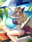  1girl artist_name ball barefoot beach beach_chair beach_towel beachball bikini blonde_hair breasts commission day gigamessy large_breasts long_hair looking_at_viewer multicolored multicolored_eyes navel original red_eyes smile solo sunglasses swimsuit towel yellow_eyes 