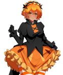  1girl back_bow bow butterfly_hair_ornament closed_mouth cookie_run cookie_run:_kingdom dress hair_ornament hairband highres humanization juliet_sleeves lolita_hairband long_sleeves looking_at_viewer mx_pyuta1 orange_eyes orange_hair puffy_sleeves pumpkin_pie_cookie short_hair smile solo striped_clothes 