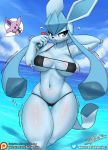  &lt;3 anthro anthrofied big_breasts bikini blush breasts burgerkiss canid canine clothed clothing curvaceous eeveelution espeon female glaceon hi_res looking_at_viewer mammal navel nintendo pok&eacute;mon pok&eacute;mon_(species) signature skimpy solo swimwear video_games water wet 