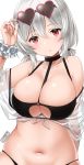  1girl absurdres alternate_costume azur_lane bangs bikini black_bikini breasts choker cleavage collarbone commentary_request eyebrows_visible_through_hair eyewear_on_head frilled_cuffs hair_between_eyes hand_up head_tilt heart heart-shaped_eyewear highres kei_kei large_breasts lips looking_at_viewer navel o-ring o-ring_top red_eyes sheer_clothes short_hair silver_hair simple_background sirius_(midsummer_seirios)_(azur_lane) solo stomach sunglasses swimsuit twitter_username white_background wrist_cuffs 