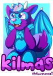  2019 angel_dragon blue_fur canid canine canis dragon english_text fangs fur hair hi_res horn leaning_foward mammal multicolored_hair ohfourmouse purple_fur smile text wings wolf 