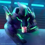  1:1 ambiguous_gender beverage coffee cup machine metroid metroid_prime metroid_prime_hunters nintendo not_furry robot sitting solo sulfurbunny sylux_(metroid) video_games 