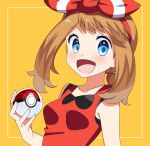  1girl :d blue_eyes blush bow breasts brown_hair collarbone eyebrows_visible_through_hair hair_bow hairband haruka_(pokemon) highres holding holding_poke_ball long_hair looking_at_viewer open_mouth poke_ball pokemon pokemon_(game) pokemon_oras red_hairband red_shirt shiny shiny_hair shirt sleeveless sleeveless_shirt small_breasts smile solo striped striped_bow upper_body yellow_background yuihiko 
