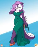  breasts clothed clothing dress english_text female fifi_la_fume footwear fully_clothed fur furboz hair hair_over_eye high_heels mammal mephitid multicolored_fur purple_fur purple_hair purse shoes skunk smile solo text tiny_toon_adventures warner_brothers white_fur 
