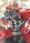  anthro bulge canid canine canis clothed clothing cosplay demon duo fate_(series) hair human male mammal marchosias muscular muscular_male orange_hair orenjimaru scar signature tokyo_afterschool_summoners video_games white_hair wolf 