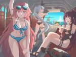  4girls alternate_costume alternate_hairstyle ass beach bikini bikini_bottom bikini_top breasts ch-47_chinook cleavage commentary_request dinergate_(girls_frontline) eyewear_on_head five-seven_(girls_frontline) flower g28_(girls_frontline) girls_frontline green_hair hair_flower hair_ornament hair_ribbon long_hair milkshake multiple_girls ntw-20_(girls_frontline) ocean panties pink_hair ponytail purple_hair ribbon string_bikini striped striped_bikini striped_panties sunglasses swimsuit tab_(tabkun) underwear wa2000_(girls_frontline) waving 