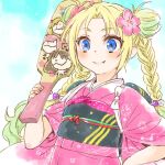  1girl blonde_hair blue_eyes blue_hair blush braid closed_mouth commentary_request double_bun fang fang_out flower gradient_hair green_hair hagoita hair_bun hair_flower hair_ornament holding holding_paddle japanese_clothes kimono light_blue_hair link!_like!_love_live! long_hair love_live! multicolored_hair osawa_rurino paddle parted_bangs pink_flower pink_kimono shinanoya_(satanicad) short_sleeves smile solo split_mouth tasuki twin_braids twintails upper_body virtual_youtuber 