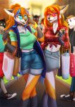  2019 anthro black_nose breasts canid canine clothed clothing digital_media_(artwork) duo eyewear female fox glasses group kammi-lu mammal midriff navel smile standing 