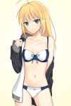  1girl ahoge artoria_pendragon_(all) ass_visible_through_thighs bangs blonde_hair blue_ribbon bra breasts cleavage closed_mouth collarbone cowboy_shot eyebrows_visible_through_hair fate/stay_night fate_(series) green_eyes groin hair_between_eyes highres jacket long_hair long_sleeves looking_at_viewer navel off_shoulder open_clothes open_jacket panties print_panties ribbon saber shino_skk shiny shiny_hair simple_background small_breasts solo standing thigh_gap underwear underwear_only white_background 