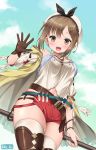  1girl :d atelier_(series) atelier_ryza belt blush breasts brown_eyes brown_gloves brown_hair brown_legwear cleavage commentary_request eyebrows_visible_through_hair gloves hair_ornament hairclip hat jewelry kei_kei looking_at_viewer medium_breasts navel necklace open_mouth red_shorts reisalin_stout salute short_hair short_shorts shorts single_glove smile solo star thighhighs thighs twitter_username white_headwear white_legwear 