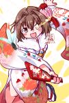  1girl artist_logo brown_hair commentary_request dated floral_print flower fur-trimmed_kimono fur_trim furutaka_(haregi_mode)_(kancolle) furutaka_(kancolle) glowing glowing_eye gradient_clothes gradient_kimono hagoita hair_flower hair_ornament hanetsuki heterochromia highres japanese_clothes kantai_collection kimono kutone_shirika logo official_alternate_costume paddle short_hair smile solo watermark yellow_eyes 
