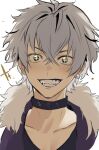  1boy ashitakara choker collarbone earrings ensemble_stars! fur-trimmed_jacket fur_trim grey_hair highres jacket jewelry light_blush looking_at_viewer male_focus ogami_koga parted_lips portrait purple_jacket simple_background single_earring solo sparkling_eyes white_background yellow_eyes 