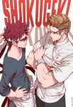  2boys bandana blonde_hair chef chef_uniform copyright_name crossed_arms crossover dishwasher1910 duel gordon_ramsay hands_on_hips looking_at_another multiple_boys pencil real_life red_hair shokugeki_no_souma watch wristwatch yukihira_souma 