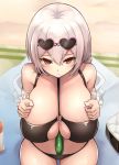  1girl alternate_costume azur_lane bangs beach bikini black_bikini blush breast_squeeze breasts cleavage collarbone commentary_request cucumber eyebrows_visible_through_hair eyewear_on_head frilled_cuffs from_above hair_between_eyes heart heart-shaped_eyewear huge_breasts looking_at_viewer looking_up o-ring o-ring_top outdoors red_eyes sexually_suggestive sheer_clothes short_hair sirius_(midsummer_seirios)_(azur_lane) sitting solo sunglasses swimsuit tosaka_(tosaka0001) white_hair wrist_cuffs 