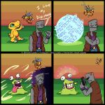 1:1 agumon anthro bandai_namco digimon digimon_(species) evolution evolution_(transformation) eyestalks fanbeemon feral green_body grin group gun handgun hexacruzader hi_res human humor imminent_death male mammal numemon pistol ranged_weapon smile transformation weapon yellow_body