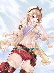  1girl :d absurdres arm_up atelier_(series) atelier_ryza bangs belt blush boots breasts brown_eyes brown_hair cloud cup6542 hair_between_eyes hair_ornament hairclip hat highres looking_at_viewer medium_breasts navel open_mouth outdoors pouch red_shorts reisalin_stout round-bottom_flask shirt short_hair short_shorts shorts sidelocks sky smile solo thick_thighs thigh_boots thighhighs thighs white_headwear white_legwear white_shirt 