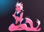  absurd_res camletoe cheerleader_outfit clothing dragon female football_(disambiguation) hair hi_res neck_floof panties pink_hair pink_scales scales scaliepunk simple_background solo underwear vape 