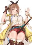  absurdres atelier_(series) atelier_ryza belt brown_eyes brown_hair hair_ornament hairclip hat highres midriff monyu_(monyupop) navel red_shorts reisalin_stout short_shorts shorts thighhighs thighs 