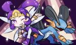  1boy bent_over blush_stickers boots bracelet bright_pupils chibi commentary_request gold_circlet grin haruki_sparsa jewelry looking_at_viewer lowres male_focus one_eye_closed outstretched_arm pants pokemon pokemon_(creature) pokemon_emerald pokemon_rse purple_eyes purple_footwear purple_hair smile sparkle swampert teeth tucker_(pokemon) white_pupils 