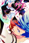  belt black_gloves black_jacket blue_eyes blue_hair chest cravat fire galo_thymos gloves green_hair half_gloves highres jacket lio_fotia looking_at_viewer male_focus open_mouth promare purple_eyes saamon_(dream81come) shirtless smile spiked_hair upside-down 