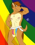  2019 absurd_res anthro bottomwear bulge canid canine canis clothed clothing digital_media_(artwork) domestic_dog hair hi_res jockstrap lgbt_pride looking_at_viewer male mammal navel nipples pansexual_pride_colors pecs pride_colors rainbow rainbow_flag rainbow_flag_(pride) rainbow_symbol simple_background smile solo standing sylvanedadeer topless underwear 