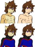  2019 abs alternate_species anthro black_nose brown_hair clothed clothing countershading digital_media_(artwork) domestic_cat felid feline felis fur hair hiro human jacket male mammal multiple_versions nipples purple_eyes raxkiyamato simple_background smile solo tan_countershading topless topwear white_background yellow_fur 