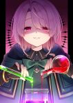  1girl alchemy black_shirt brown_gloves evil_smile eyebrows_hidden_by_hair flat_chest gloves green_robe highres holding holding_potion holding_test_tube lips looking_at_viewer nageki_no_bourei_wa_intaishitai nekko_(nxtuko) open_mouth partially_fingerless_gloves partially_shaded_face pink_background pink_eyes pink_hair pouring robe shirt short_hair simple_background sitri_smart smile solo test_tube upper_body 