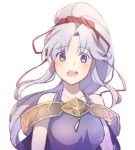  1girl fire_emblem fire_emblem:_seisen_no_keifu long_hair open_mouth ponytail purple_eyes purple_hair signature simple_background solo tiltyu_(fire_emblem) upper_body white_background yukimiyuki 