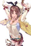  1girl arms_behind_head arms_up atelier_(series) atelier_ryza bare_shoulders belt blush boots bracelet breasts brown_eyes brown_hair cleavage commentary_request detached_sleeves hair_ornament hairband hairclip hat highres jacket jewelry large_breasts looking_at_viewer navel necklace open_mouth red_shorts reisalin_stout satsuki_neko sharp_teeth short_hair short_shorts shorts simple_background smile solo teeth thigh_boots thighhighs white_background white_legwear 