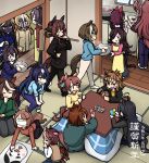  6+girls agnes_tachyon_(umamusume) ahoge all_fours animal_ears apron believe_(umamusume) black_coat black_hair black_jacket black_pants blindfold blonde_hair blue_coat blue_hair blue_pants book bowl brown_coat brown_hair calstone_light_o_(umamusume) card carrying_over_shoulder cheval_grand_(umamusume) clenched_teeth closed_eyes closed_mouth coat cooking cooking_pot dantsu_flame_(umamusume) duramente_(umamusume) durandal_(umamusume) ear_covers ear_ornament facepaint flying_sweatdrops food gentildonna_(umamusume) hagoita hair_ornament hair_over_one_eye hair_rings hairband hairclip hamu_koutarou happy_new_year hat highres holding holding_book holding_bowl holding_card horse_ears horse_girl horse_tail jacket jungle_pocket_(umamusume) kine kneeling kotatsu laughing long_hair long_sleeves mallet manhattan_cafe_(umamusume) mihono_bourbon_(umamusume) mochi multicolored_hair multiple_girls nishino_flower_(umamusume) paddle pants ponytail sharp_teeth shirt short_hair sitting smile squatting standing steam stifled_laugh streaked_hair sweatdrop symboli_rudolf_(umamusume) table tail tatami teeth tokai_teio_(umamusume) tsurumaru_tsuyoshi_(umamusume) umamusume under_kotatsu under_table uno_(game) verxina_(umamusume) vivlos_(umamusume) walking window yellow_shirt 