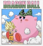  2boys blonde_hair cell_(dragon_ball) cell_(dragon_ball)_(cosplay) chibi copyright_name cosplay dougi dragon_ball dragon_ball_z finger_on_forehead full_body green_eyes highres kirby multiple_boys orange_pants orange_shirt pants shirt son_goku spiked_hair super_saiyan super_saiyan_1 wesatinthecar 