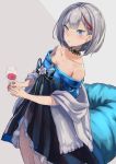  1girl admiral_graf_spee_(a_novel_anniversary)_(azur_lane) admiral_graf_spee_(azur_lane) alcohol azur_lane blue_dress blue_eyes blue_ribbon breasts collarbone commentary_request cowboy_shot cup dress drinking_glass earrings highres holding jewelry looking_at_viewer medium_breasts multicolored_hair off-shoulder_dress off_shoulder parted_lips red_hair ribbon shawl short_hair silver_hair solo standing streaked_hair wine wine_glass yu_ni_t 