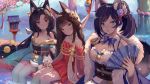  3girls :d animal_ear_fluff animal_ears antenna_hair azur_lane bangs bare_shoulders black_hair blue_eyes blunt_bangs blush bow breasts brown_eyes cherry_blossoms cleavage closed_mouth commentary_request eyebrows_visible_through_hair fan flat_chest flower folding_fan fox fox_ears fox_tail green_bow green_kimono hair_bow hair_flower hair_ornament head_tilt highres holding holding_fan japanese_clothes jintsuu_(azur_lane) kimono large_breasts long_hair long_sleeves looking_at_viewer low_twintails manjuu_(azur_lane) meowlian multiple_girls nagato_(azur_lane) off_shoulder open_mouth ponytail purple_hair red_eyes sitting smile tail thighhighs tree twintails very_long_hair water white_legwear wide_sleeves yuubari_(azur_lane) 
