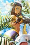  1girl absurdres aqua_eyes aqua_hair armband bare_arms bare_shoulders bird black_hair blue_eyes blue_sky bun_cover closed_mouth cloud cup dark_skin day drinking_straw earrings floating_hair gen_3_pokemon gen_8_pokemon gloves hair_bun hair_ornament highres holding holding_cup hoop_earrings jewelry kurisustinah lips long_hair looking_at_viewer makeup midriff multicolored_hair open_mouth outdoors pendant pokemon pokemon_(creature) pokemon_(game) pokemon_swsh rurina_(pokemon) seagull shorts sidelocks sky smile sobble solo_focus sports_bra sportswear stomach twisted_torso two-tone_hair wingull 