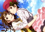  2girls :d absurdres arms_around_back arms_around_waist bag belt blue_sky blush breasts brown_eyes brown_sailor_collar brown_serafuku brown_trim cabbie_hat choppy_bangs closed_mouth cloud copyright_name cumulonimbus_cloud dark_skin dual_persona dutch_angle face-to-face frilled_skirt frills from_side grey_romper hat heads_together highres holding holding_bag hug light_blush long_sleeves looking_at_viewer looking_to_the_side magazine_(object) magazine_scan messenger_bag messy_hair monogatari_(series) multiple_girls nademonogatari nagata_hiroto nanahyakuichi_middle_school_uniform neckerchief newtype parted_lips pink_skirt raised_eyebrows red_belt red_hat red_neckerchief sailor_collar scan school_uniform sengoku_nadeko serafuku shirt short_sleeves shoulder_bag skirt sky small_breasts smile strap summer_uniform suspender_skirt suspenders white_shirt wind yellow_bag 